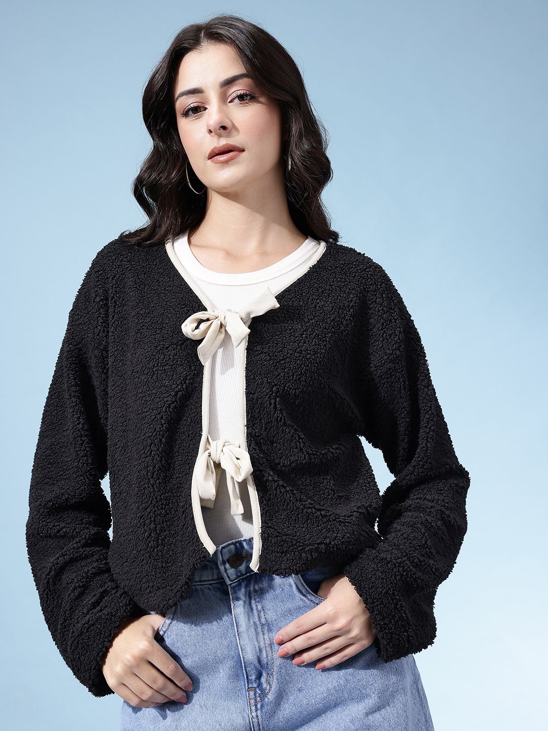 glitchez V-Neck Tie-Up Detail Front-Open Sherpa Jacket-image-44