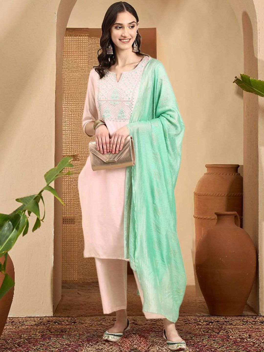 Sangria Women Embroidered Chanderi Cotton Kurta & Palazzos & Dupatta Kurta Sets-picture-28