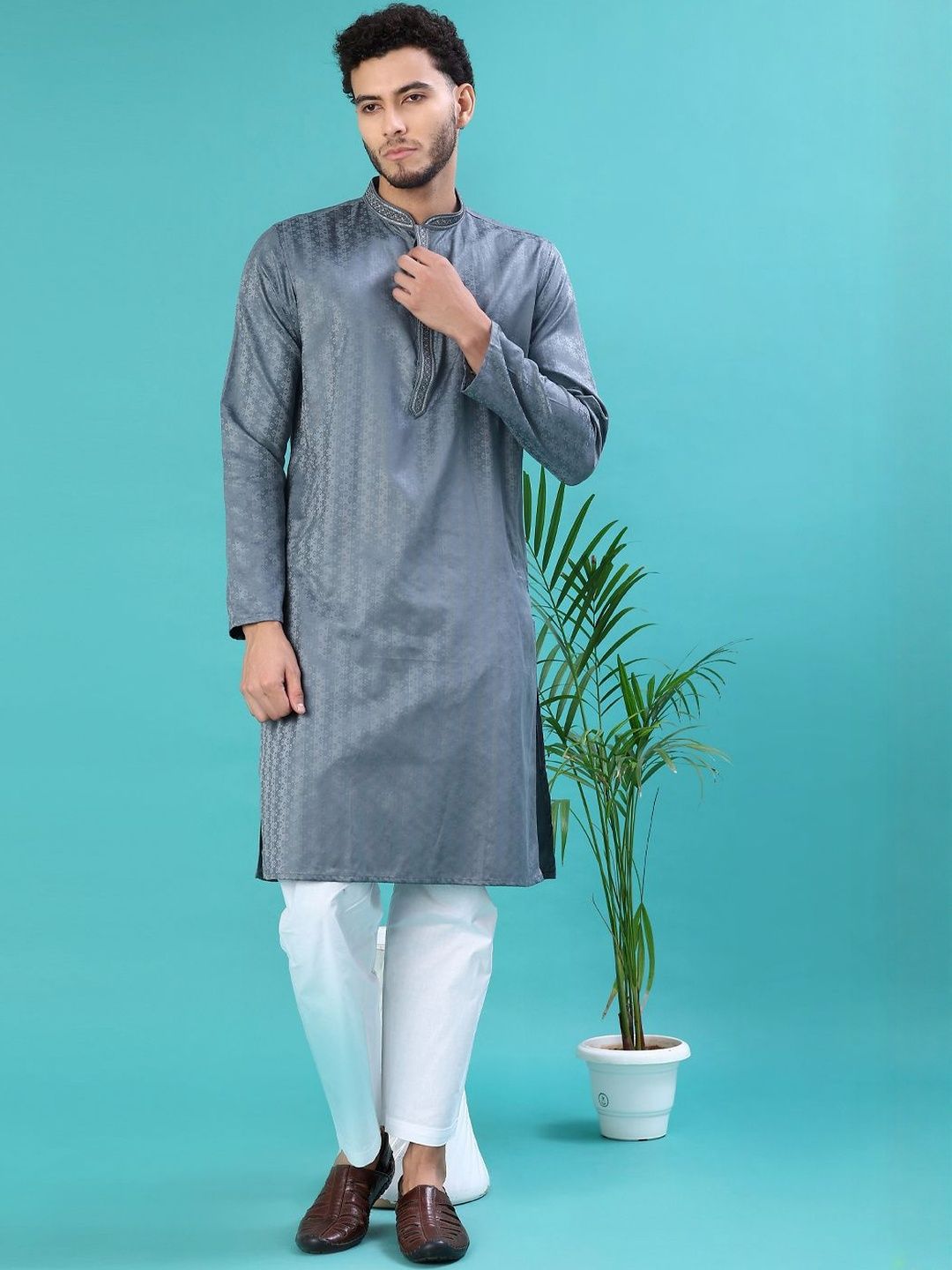 V-Mart Men Embroidered Mandarin Collar Regular Kurta with Pyjamas-picture-28