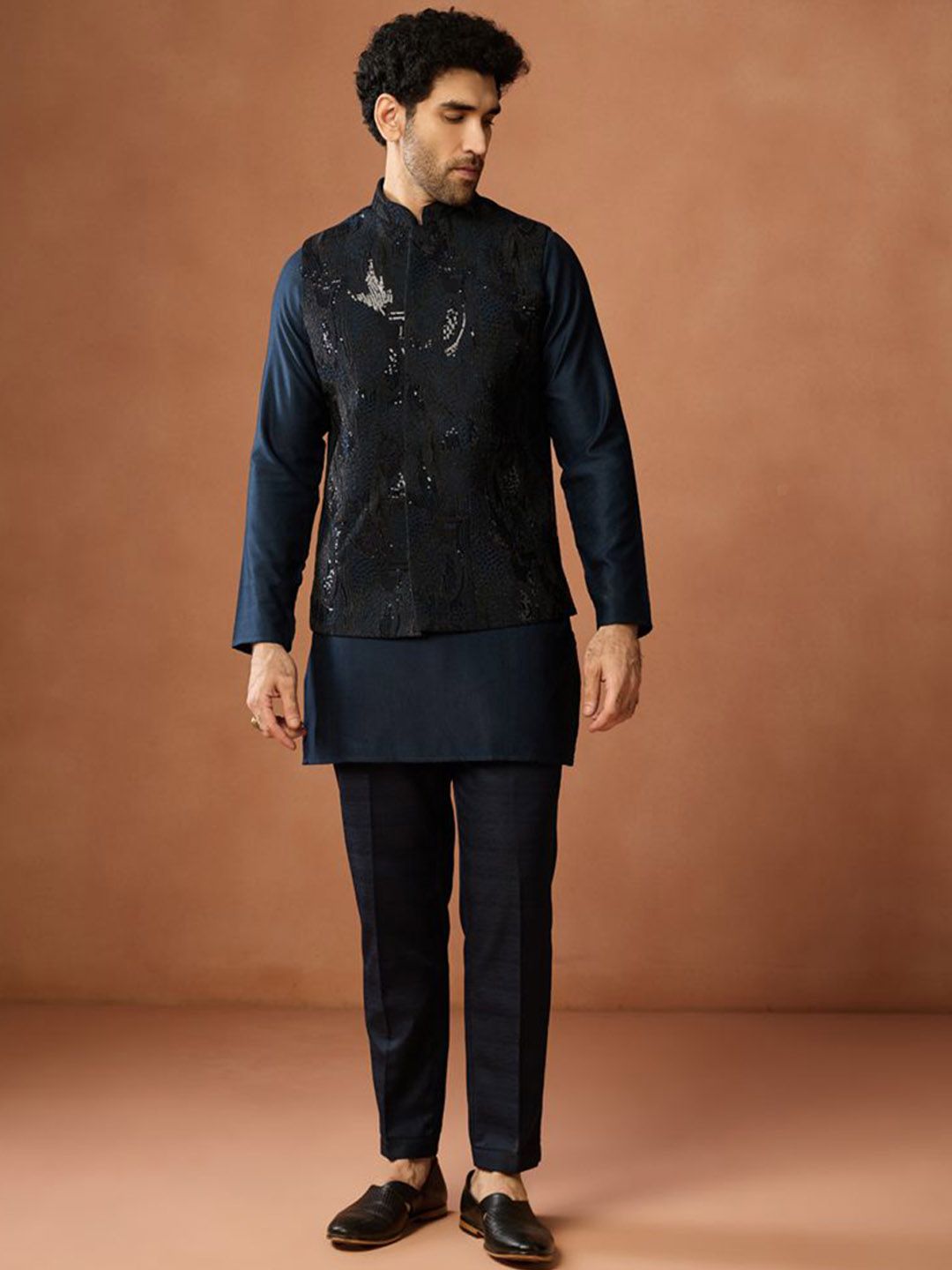 KISAH Men Navy Blue Nehru Jacket Sequin Embroidered Festive & Wedding Bundi-picture-19