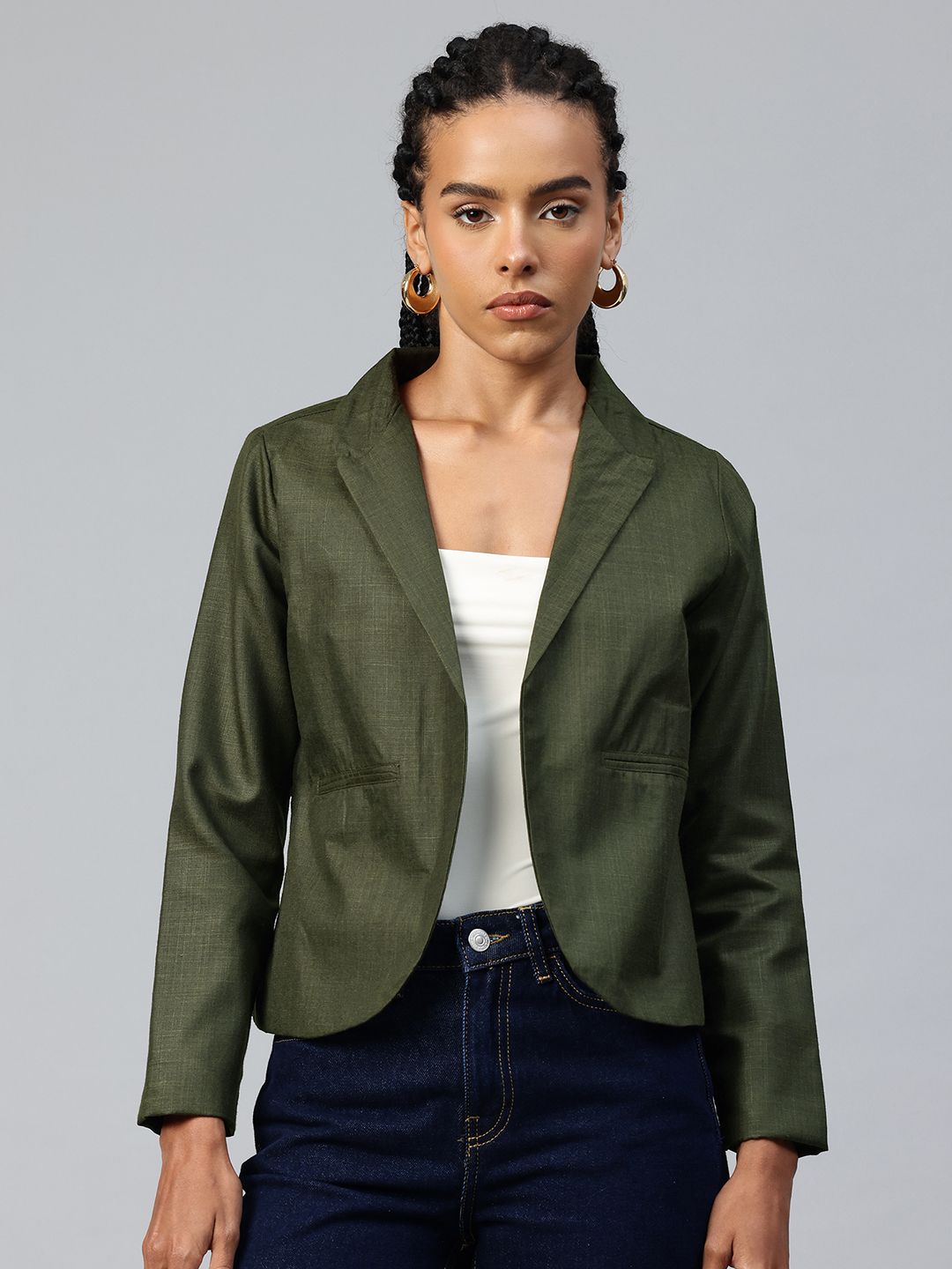 Cottinfab Lapel Collar Textured Crop Open Front Blazer-image-43