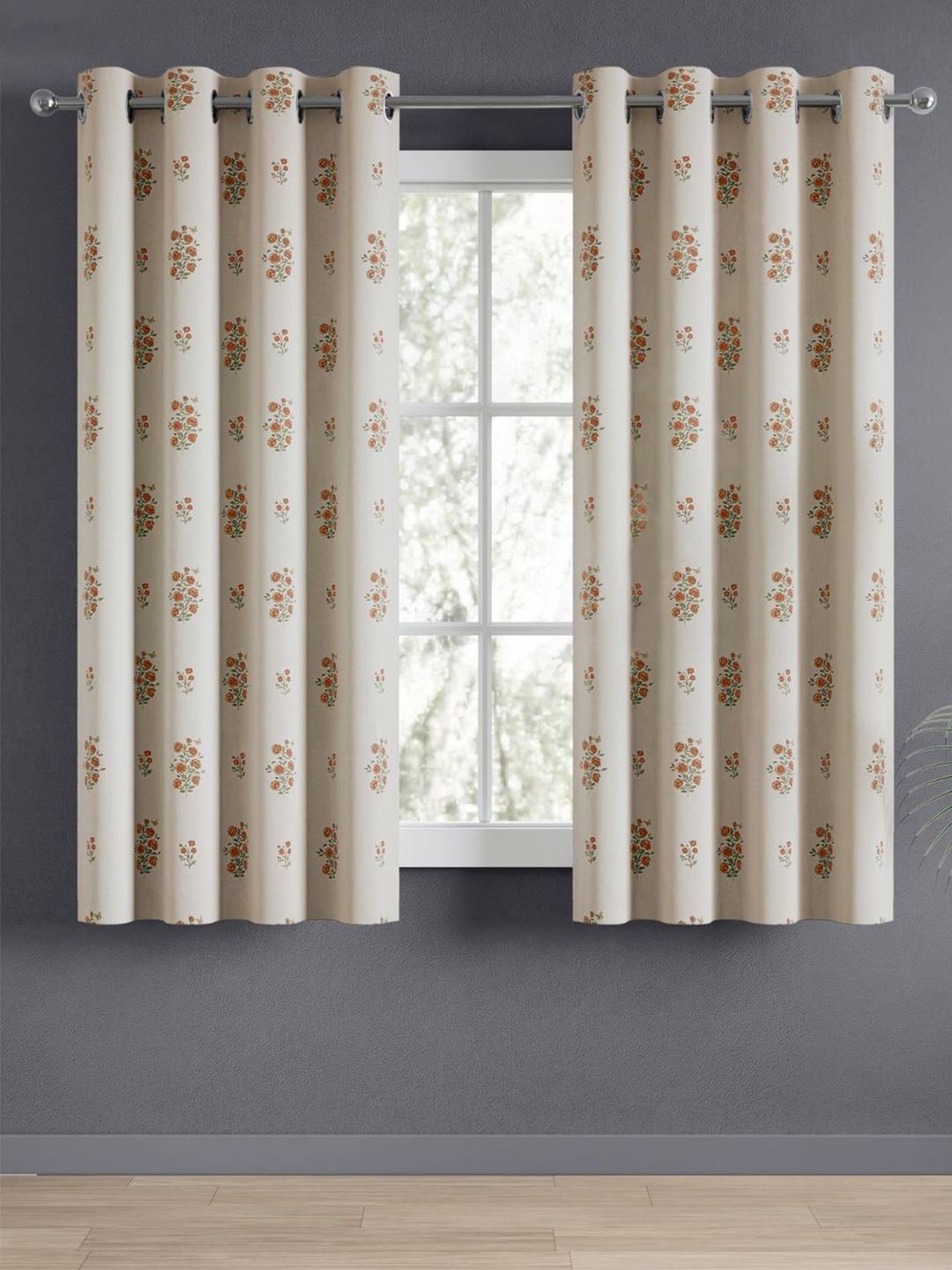 haus & kinder Orange & White Floral Room Darkening Pure Cotton Window Curtains-picture-27