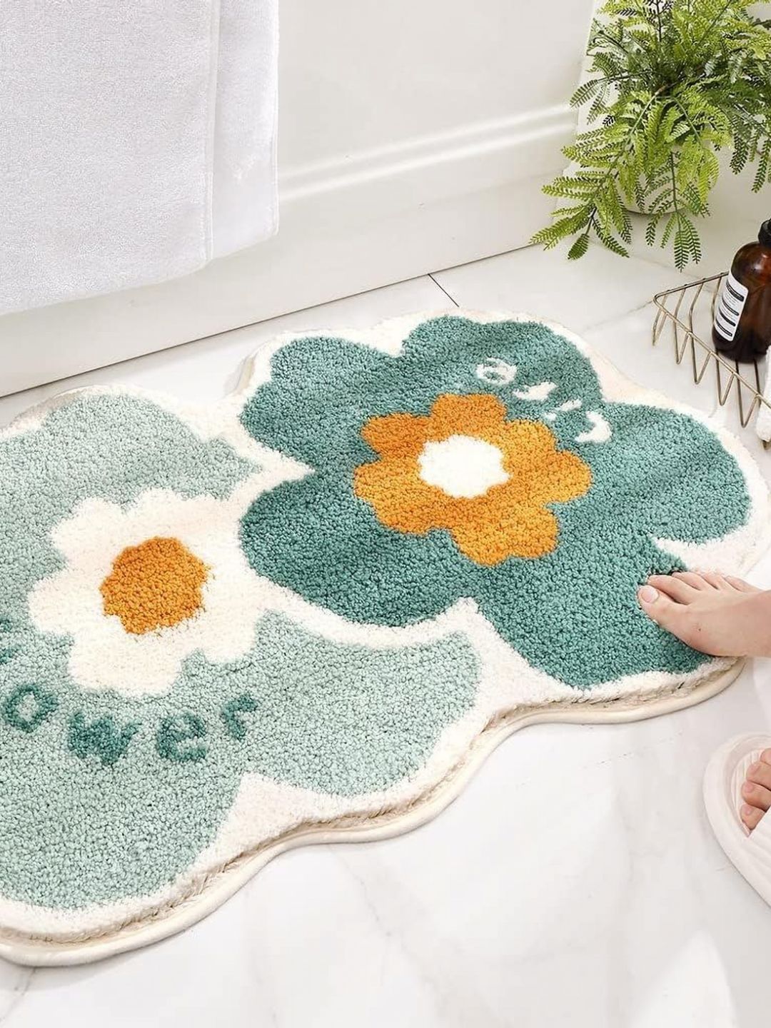 Homio Floretta Green & Orange Microfibre Anti-Slip 2000GSM Bath Rug