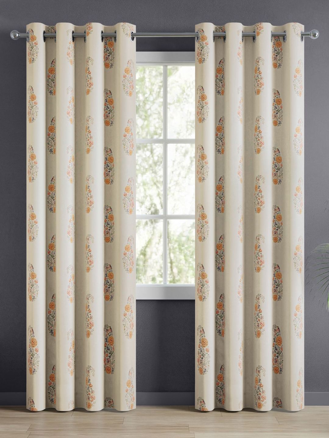 haus & kinder Off White & Orange Floral Room Darkening Pure Cotton Door Curtains-picture-29