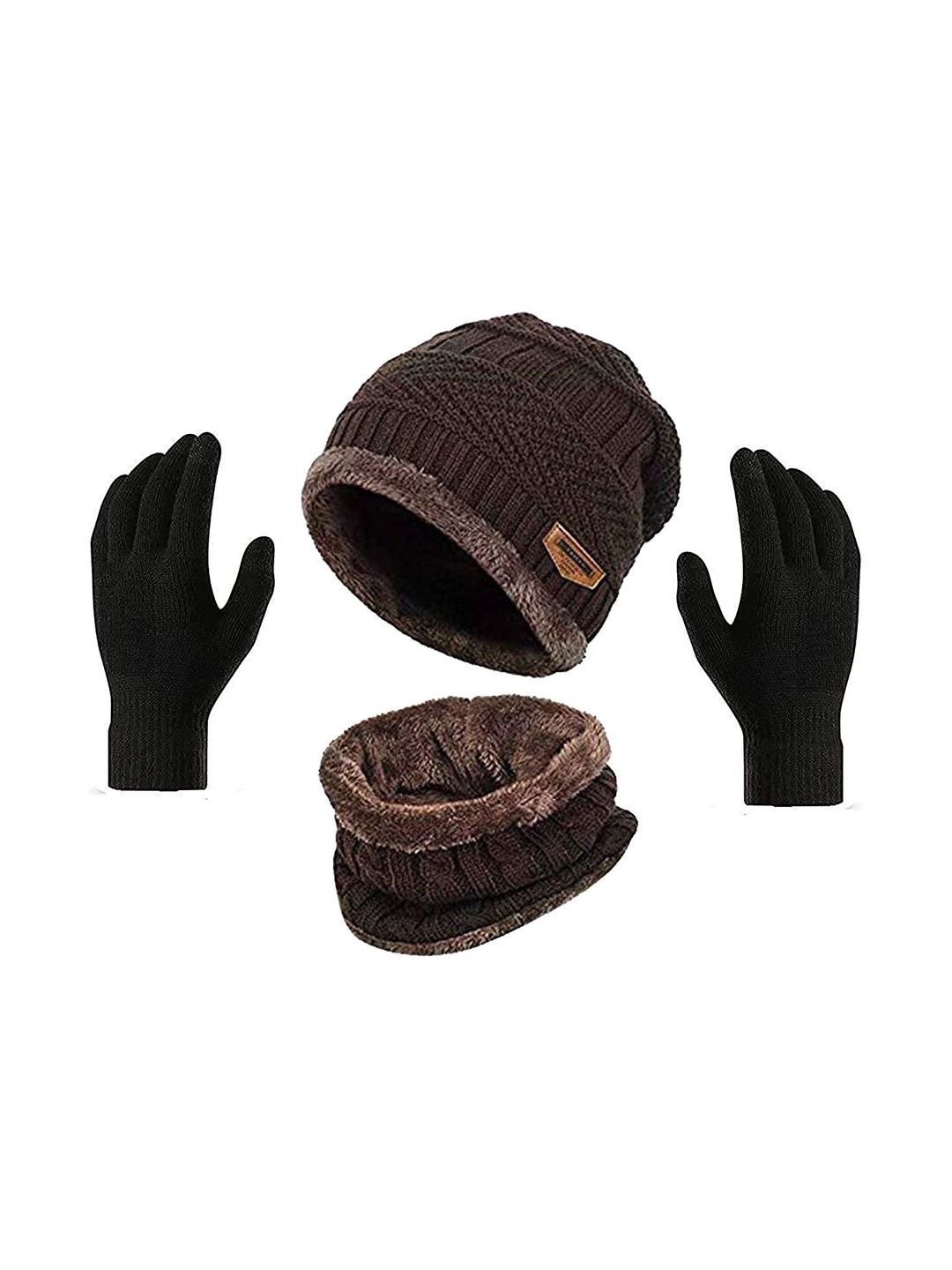 Navkar Crafts Unisex Brown & Black Woolen Beanie & Neck Warm Scarf With Gloves-picture-28