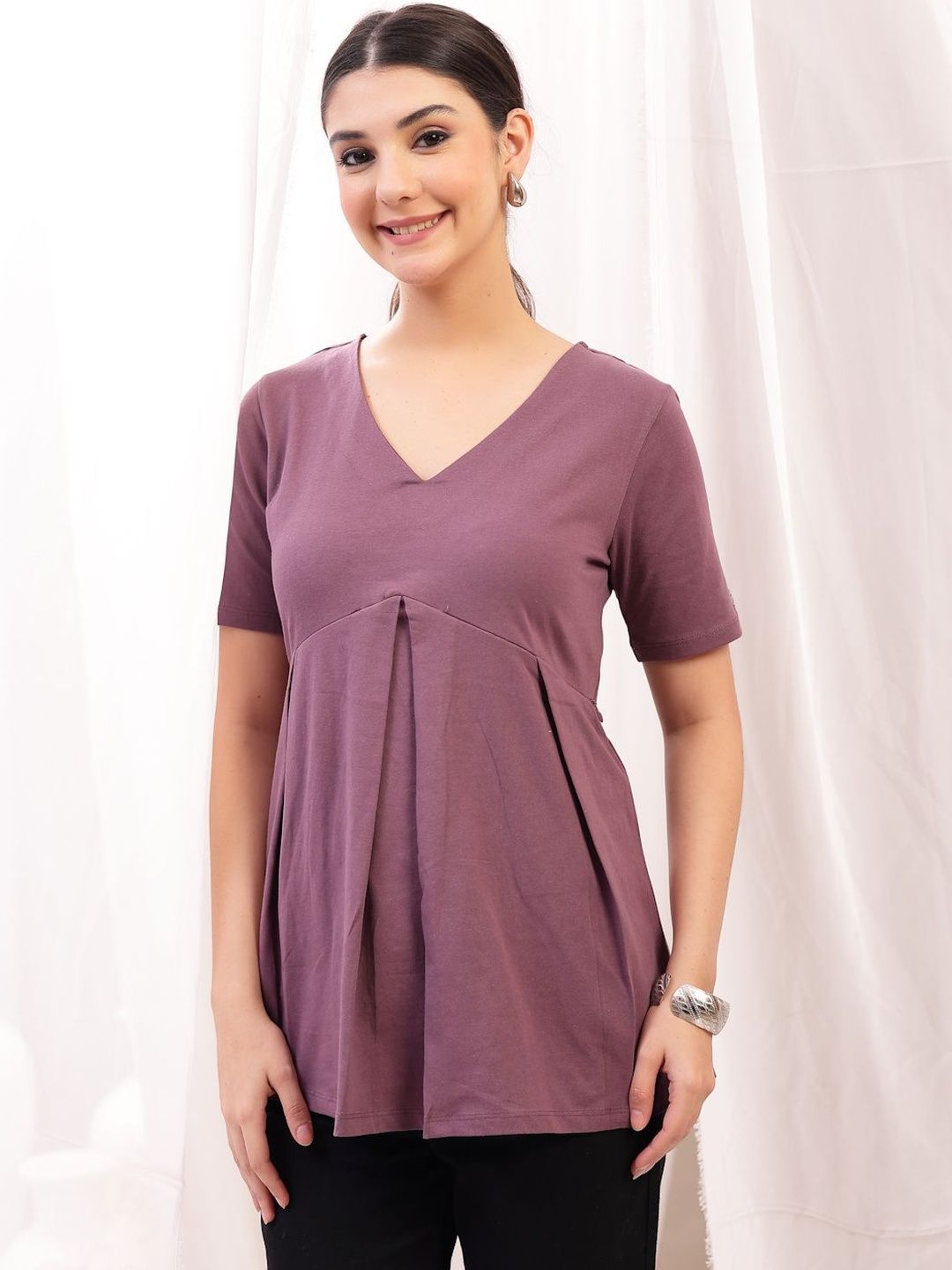 House Of Zelena Women Maternity V-Neck Pleated Detail Cotton Empire Top-image-1