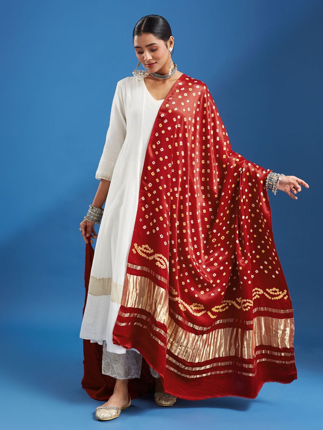 Taavi Bandhani Printed Zari Work Pure Gajji Silk Dupatta-picture-34