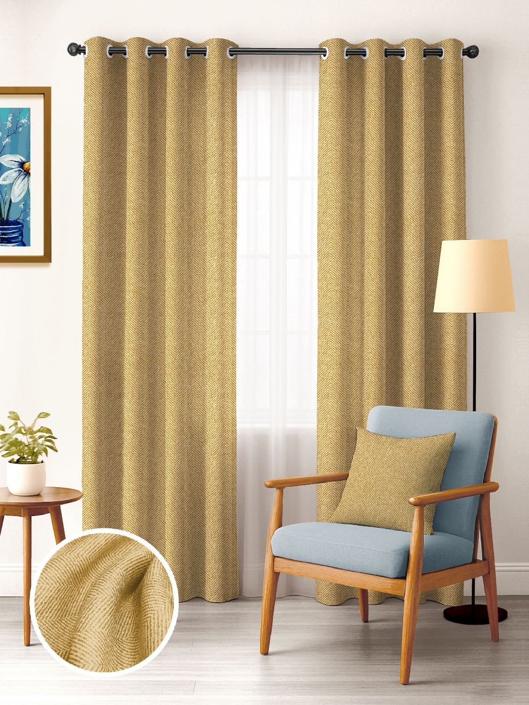Nefertiti Home Mustard 2 Pieces Textured Black Out Door Curtain-image-32
