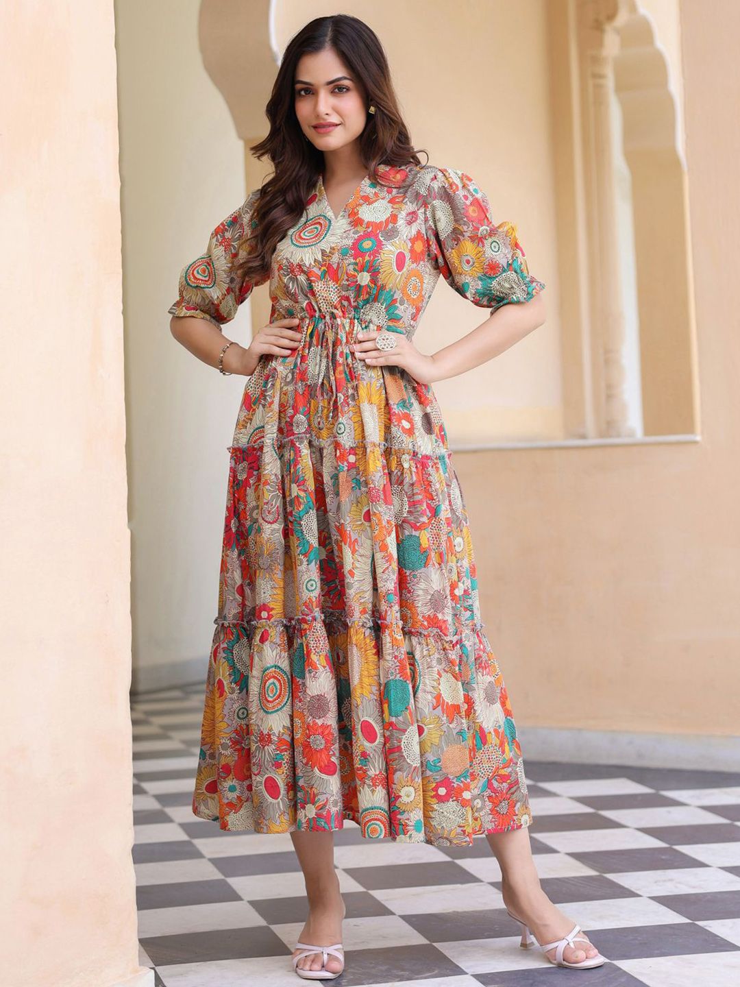Rain & Rainbow Women Floral Printed V-Neck Pure Cotton Ethnic Dresses-picture-42