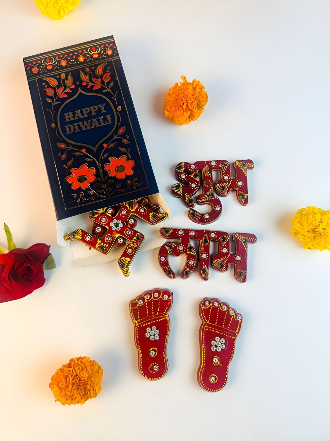 Giftii 5Pcs Red & Yellow Shubh Labh & Swastik With Footprints Gift Set-image-45