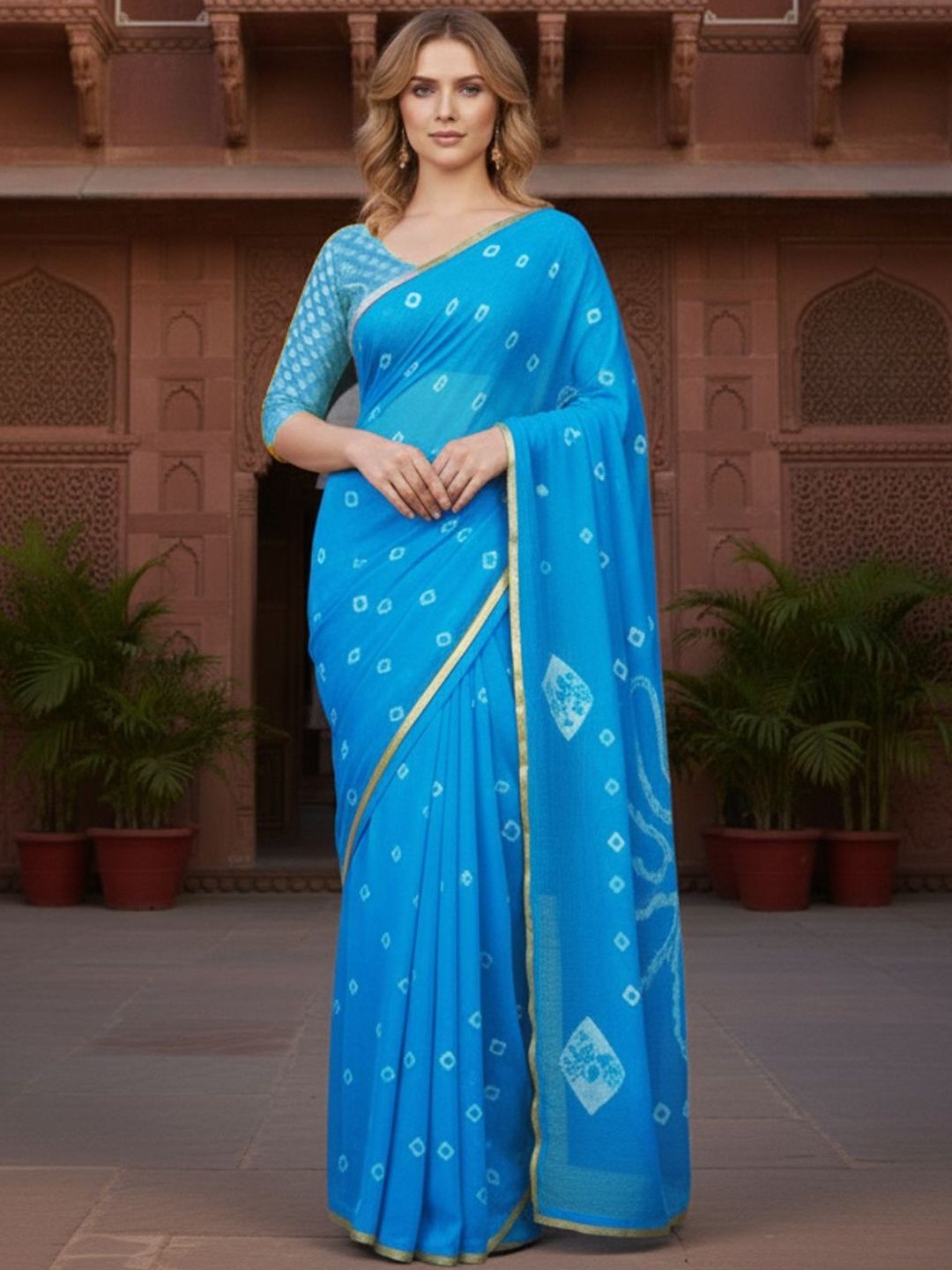 CLAFOUTIS Women Bandhani Printed Pure Chiffon Bandhani Saree with Unstitched Blouse Piece-picture-38