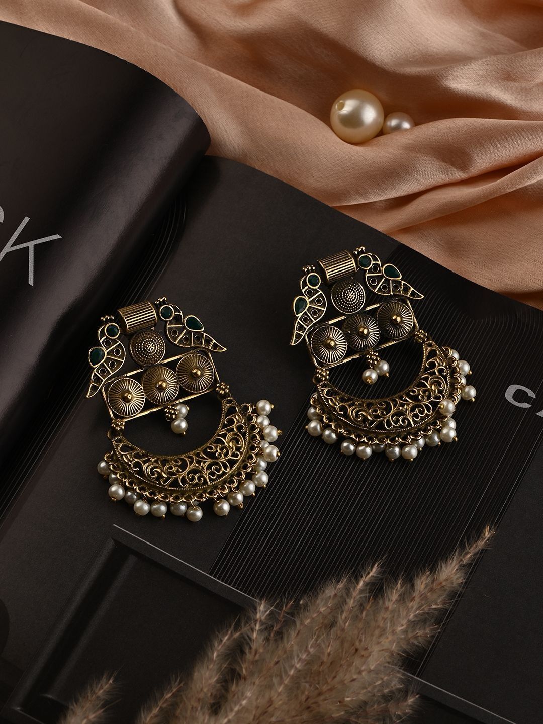 VENI Silver-Plated Artificial Stones Studded & Beaded Peacock Shaped Drop Earrings-image-32