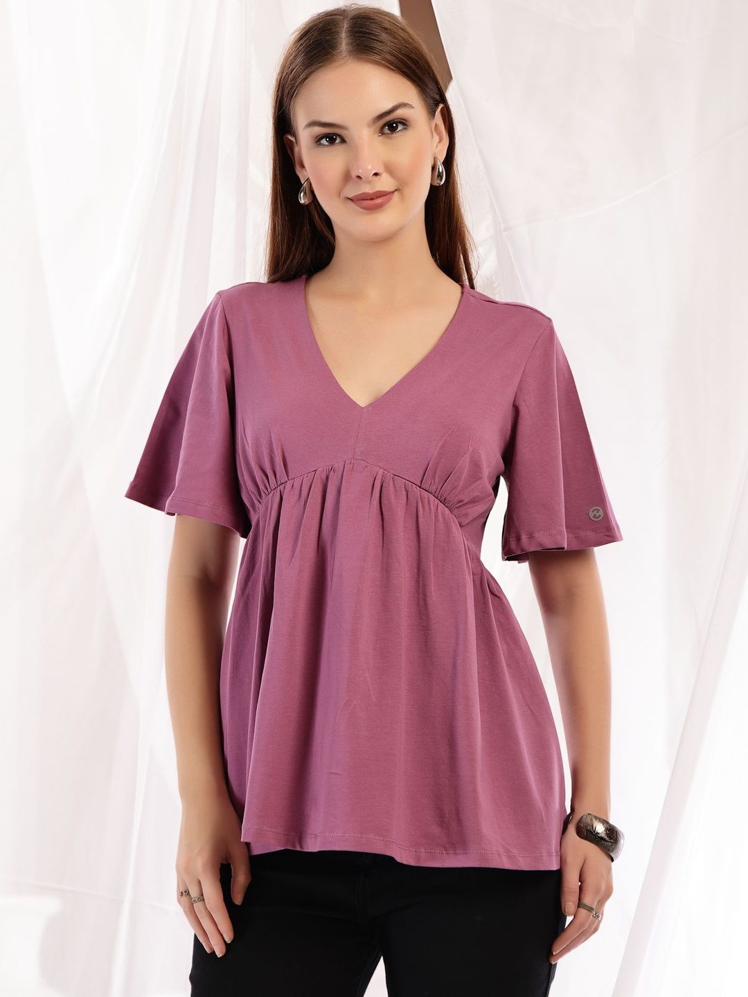 House Of Zelena Women Maternity V-Neck Flutter Sleeve Pleated Detail Empire Top-image-3