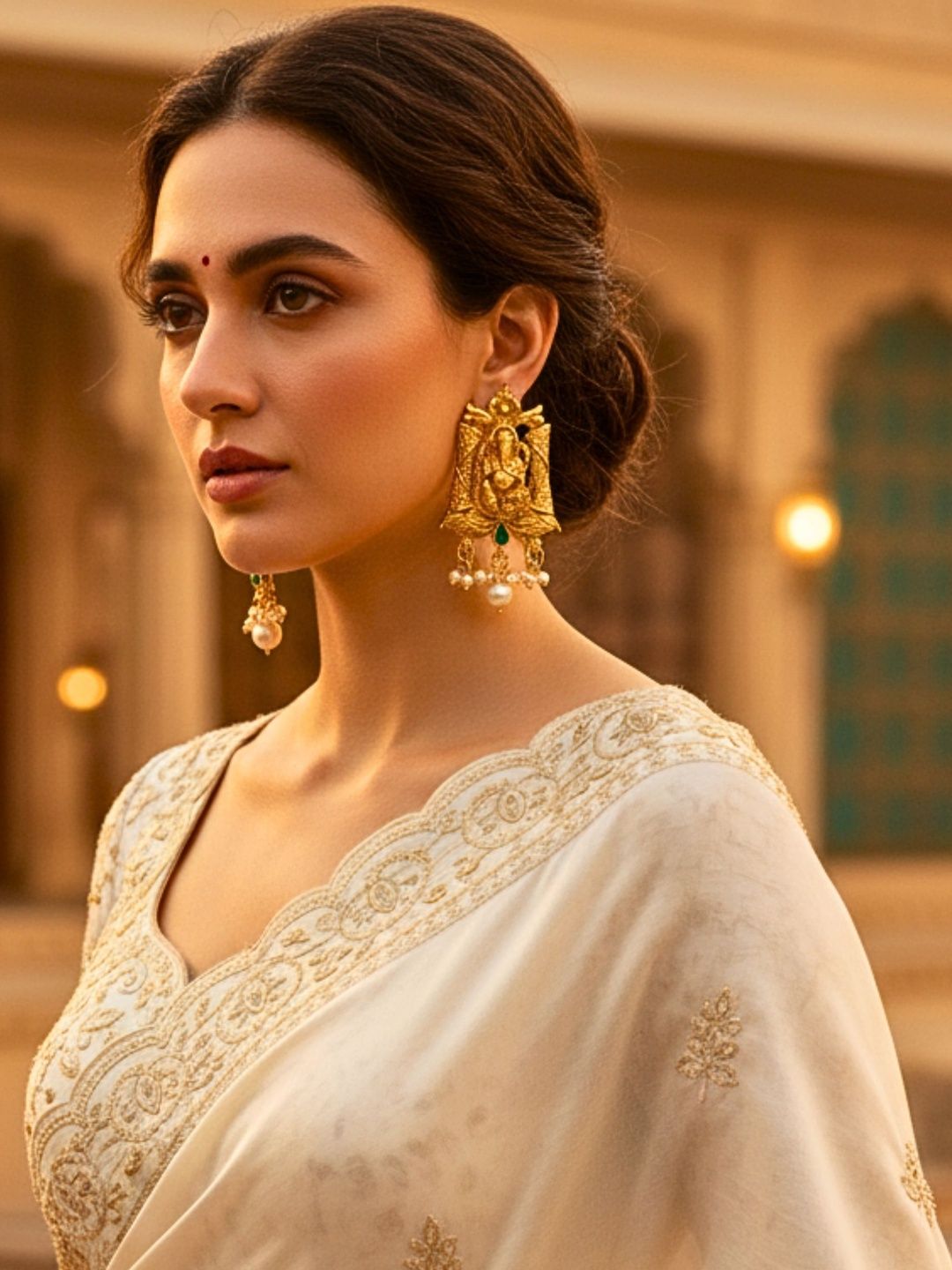 ORANGENYSHA Gold-Plated Stones Studded And Beaded Geometric Shaped Temple Drop Earrings-picture-21