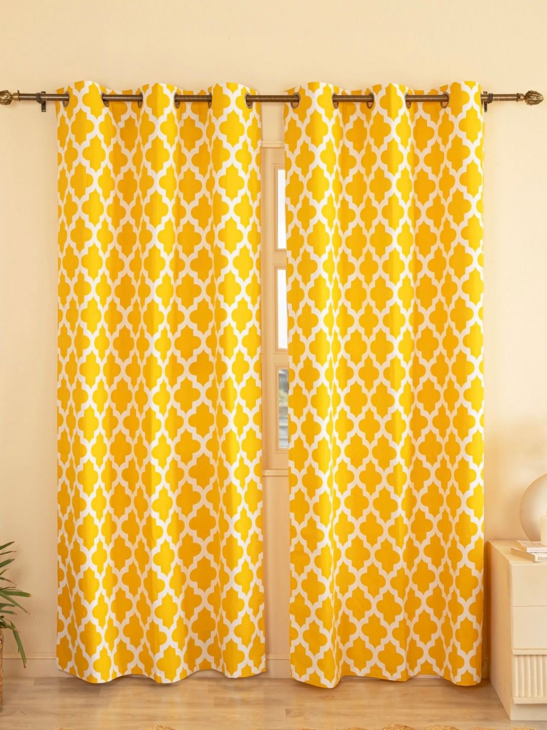 HOMEMONDE Yellow & White 2 Pieces Geometric Printed Cotton Room Darkening Window Curtains-image-35
