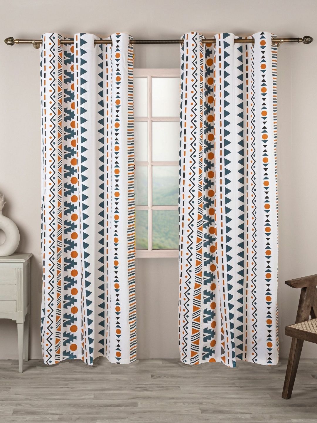 HOMEMONDE Teal & White 2 Pieces Geometric Printed Cotton Room Darkening Long Door Curtains-image-47