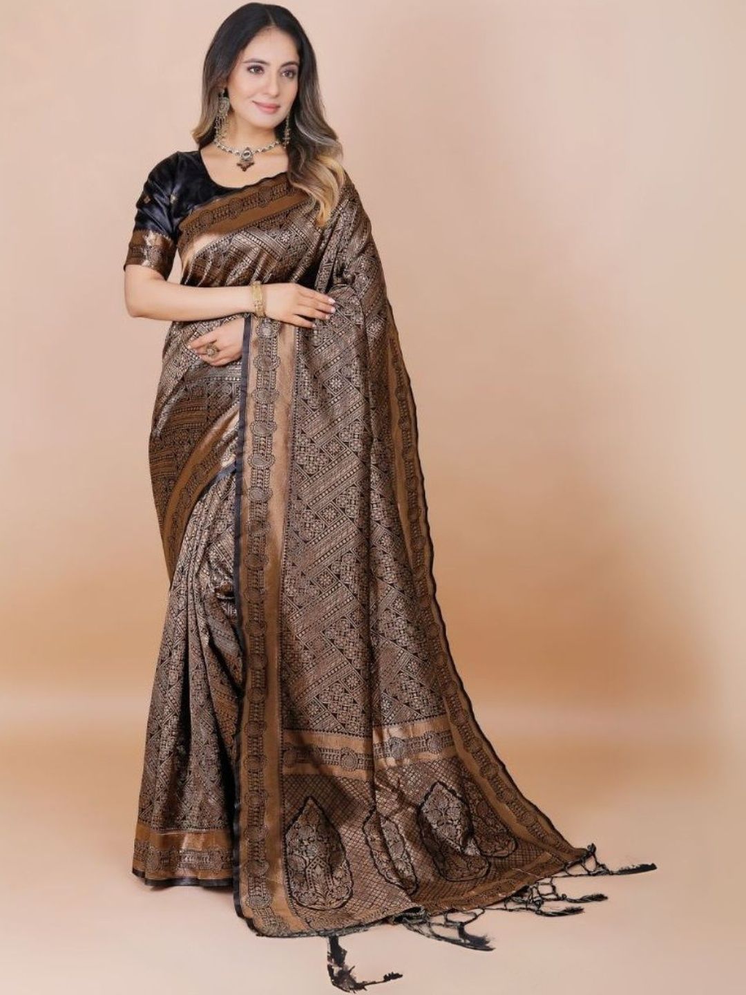 KALINI Ethnic Motifs Zari Silk Blend Handloom Banarasi Saree-picture-21