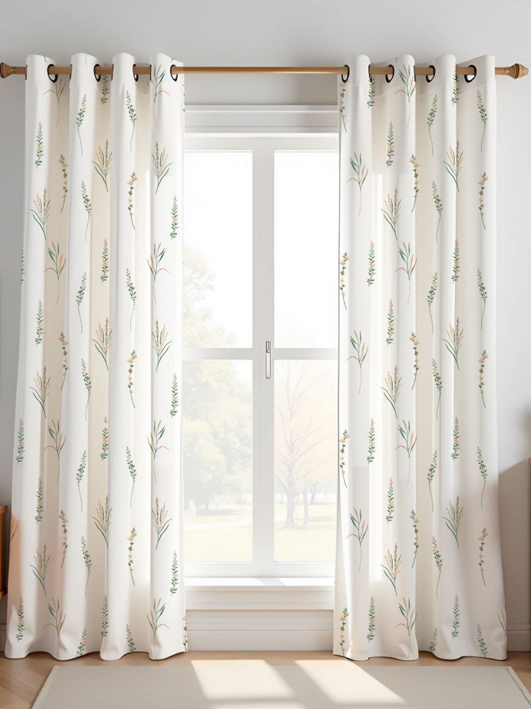 HOMEMONDE Yellow & White 2 Pieces Leafscape Cotton Room Darkening Door Curtains-picture-32