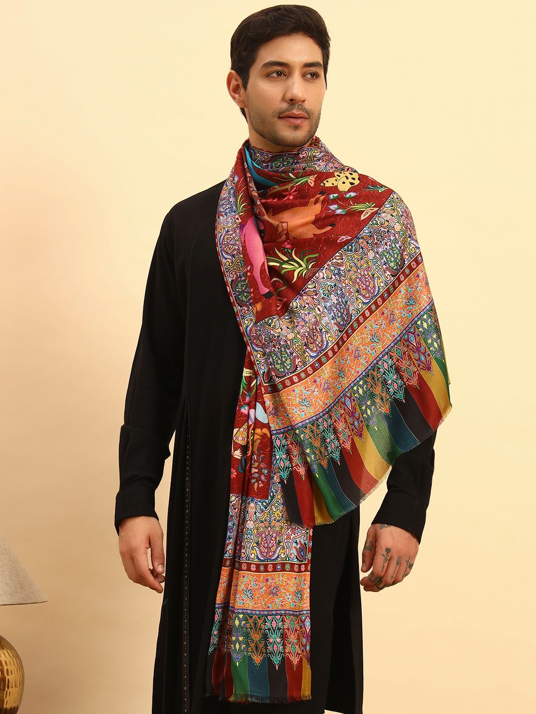 Pashmoda Men Floral Printed Woollen Stole With Fringed border-picture-13