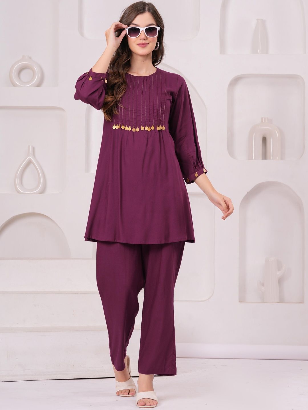 KALINI Women Purple Viscose Rayon Embellished Round Neck Co-Ords Set-picture-17