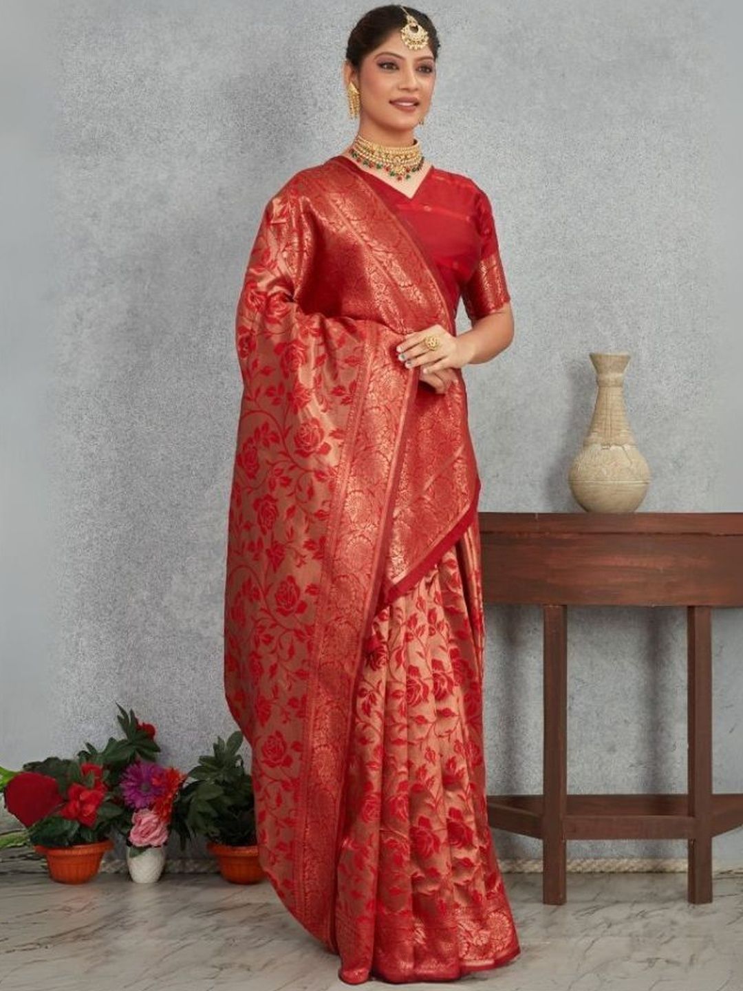 KALINI Floral Woven Design Zari Banarasi Saree With Blouse Piece-picture-11