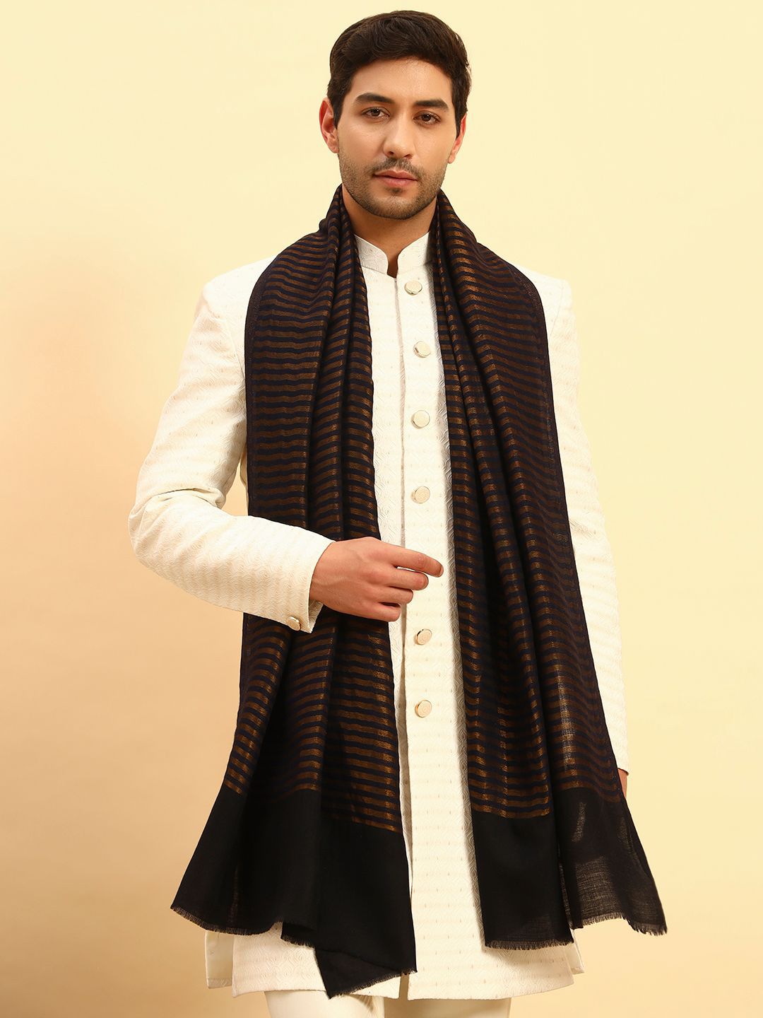 Pashmoda Men Striped Woven Design Woolen Stole with Fringed Border-picture-25