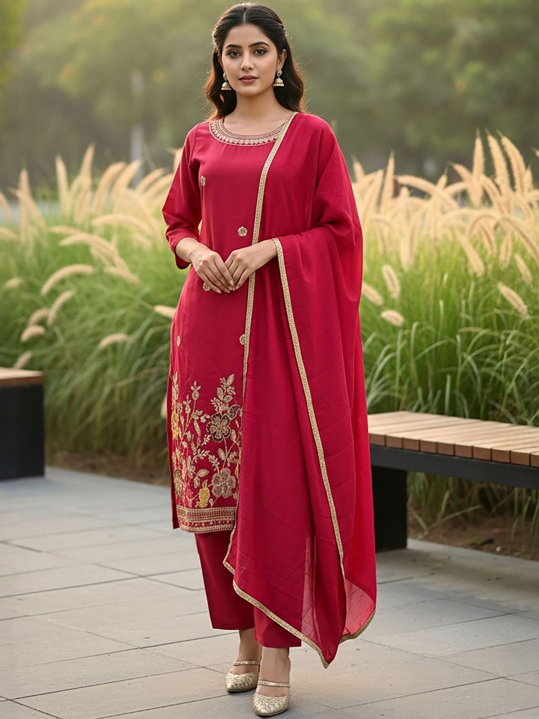 Kedar Fab Women Ethnic Motifs Embroidered Thread Work Kurta with Trousers & Dupatta-picture-27