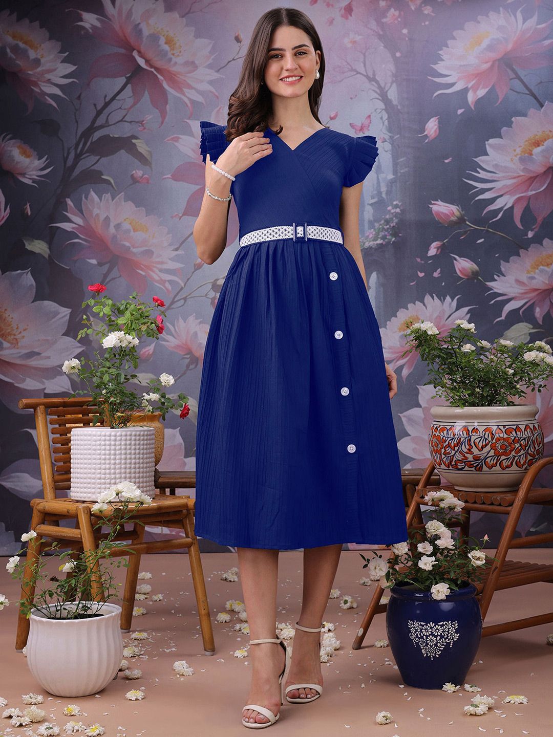 YANAMORA Flared Sleeve Fit & Flare Midi Dress-picture-36