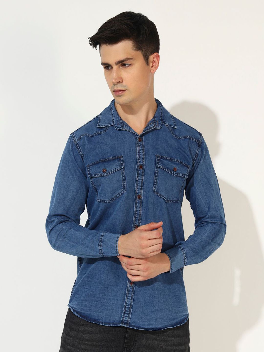 DOUBLE ONE Men Standard Fit Solid Spread Collar Casual Denim Shirt-picture-22