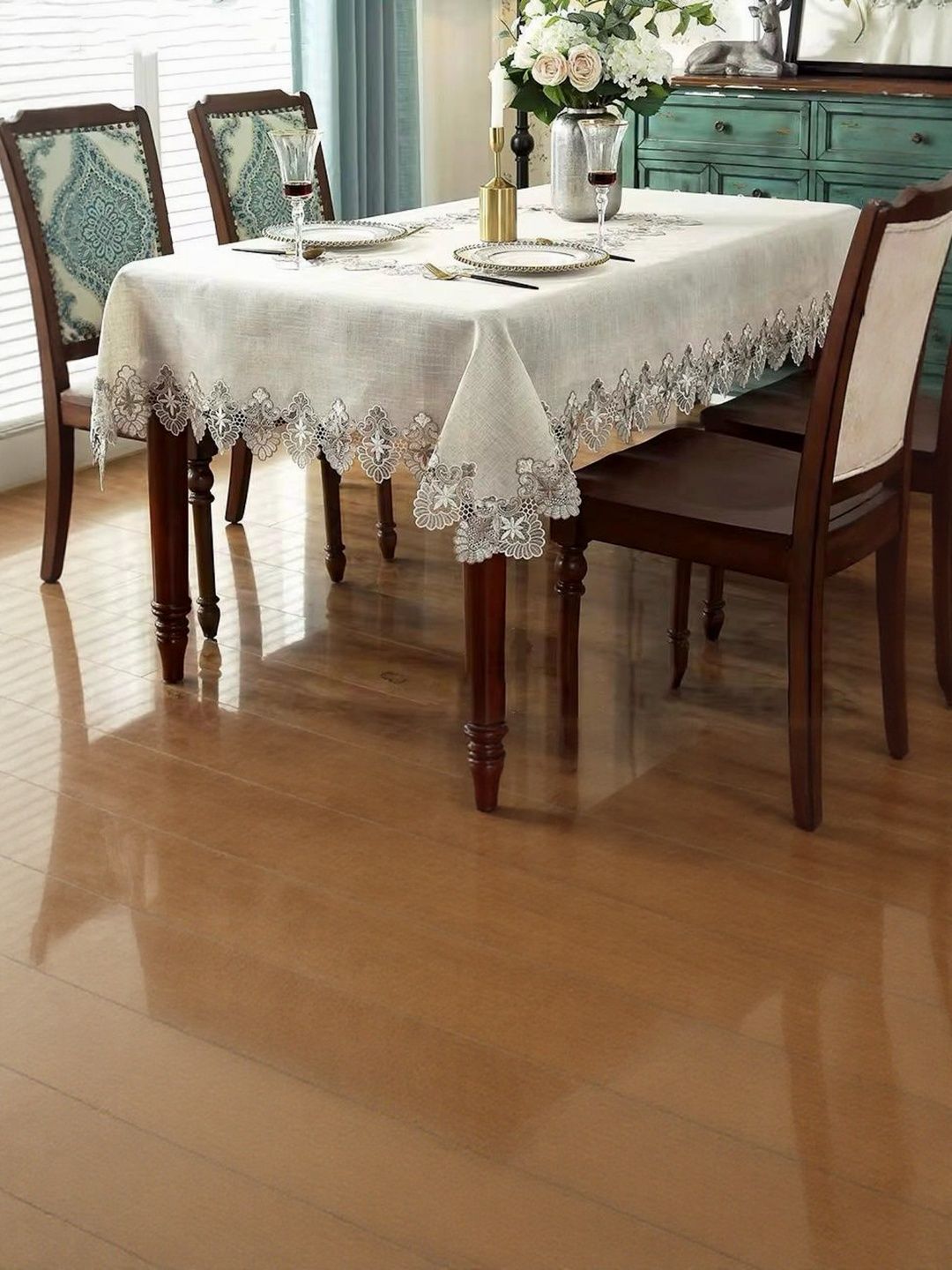 MONKDECOR Beige Floral Anti-Skid 8-Seater Table Cover with Embellished details-image-33
