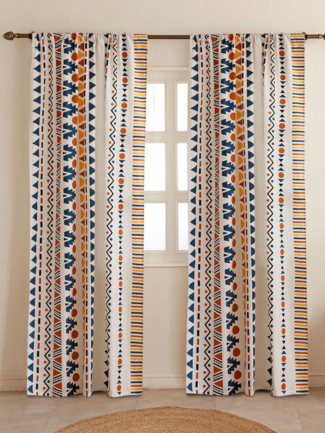 HOMEMONDE Blue & White 2 Pieces Geometric Printed Cotton Room Darkening Door Curtains-image-38