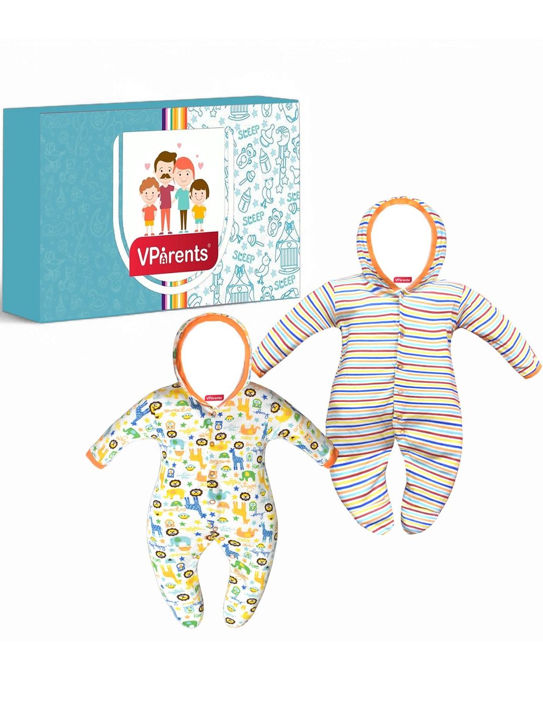 VParents Unisex Kids Pack of 2 Cotton Hooded Rompers-image-45
