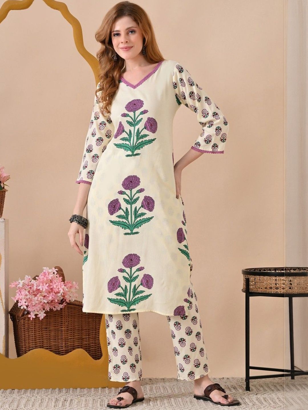 BKApparels Women Floral Printed Cotton Kurta with Trousers-picture-23