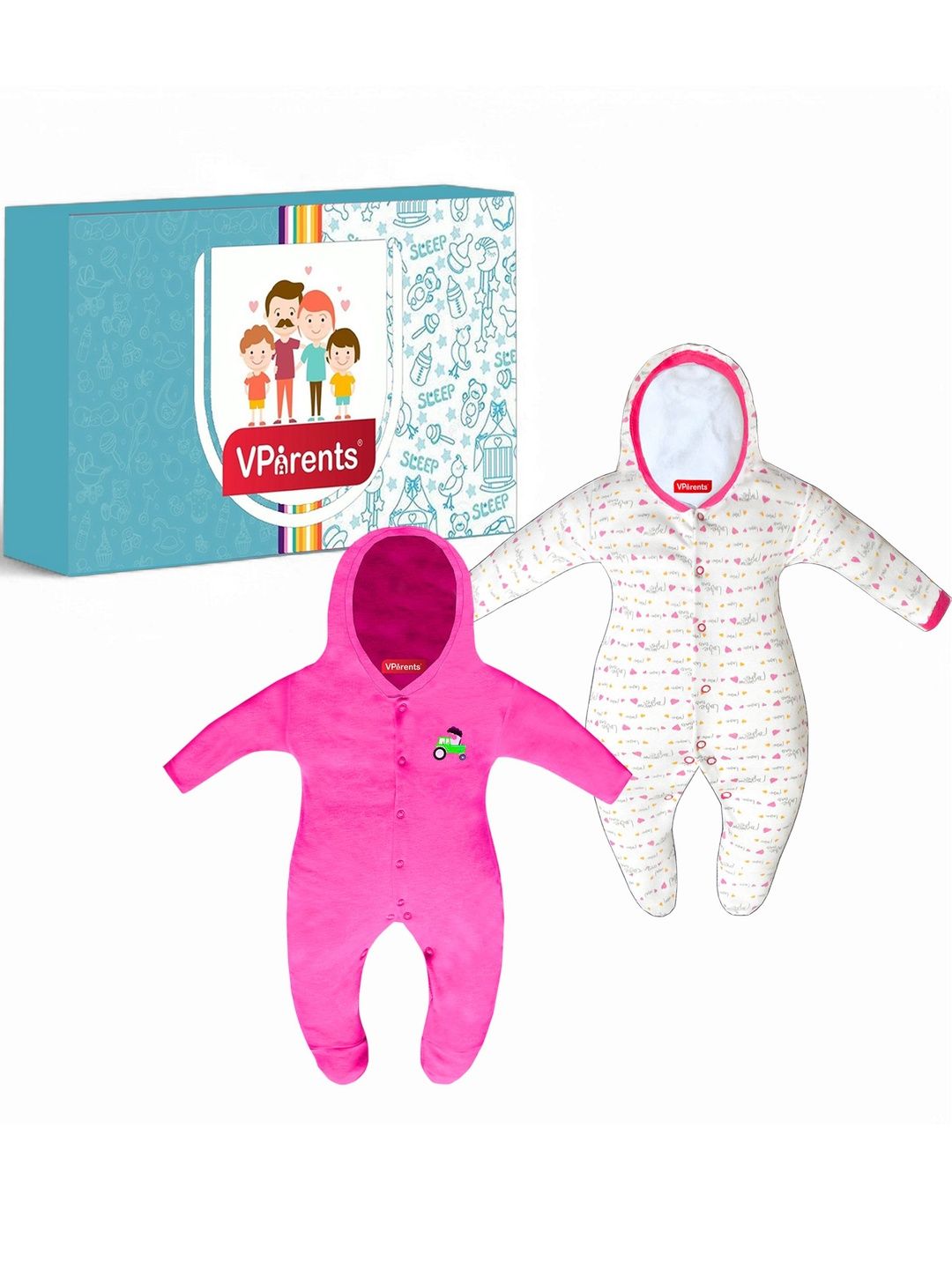 VParents Unisex Kids Pack of 2 Cotton Hooded Rompers-image-44