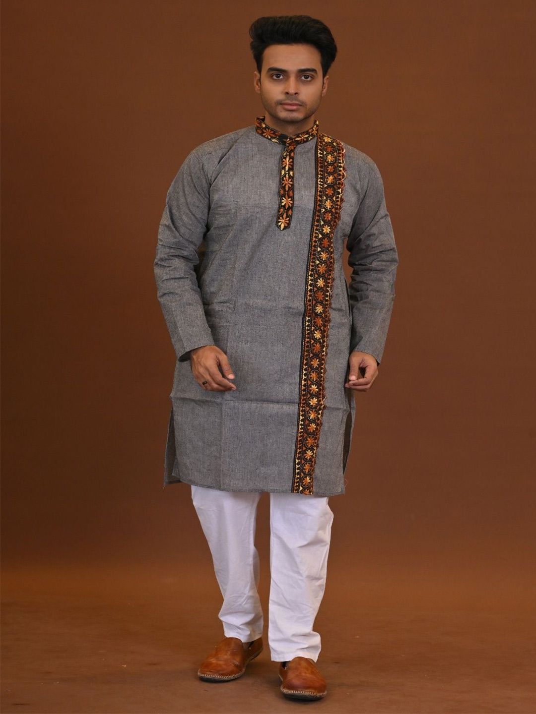 RAM SHYAM collection Men Kantha Work Pure Cotton Handloom Kurta-image-1
