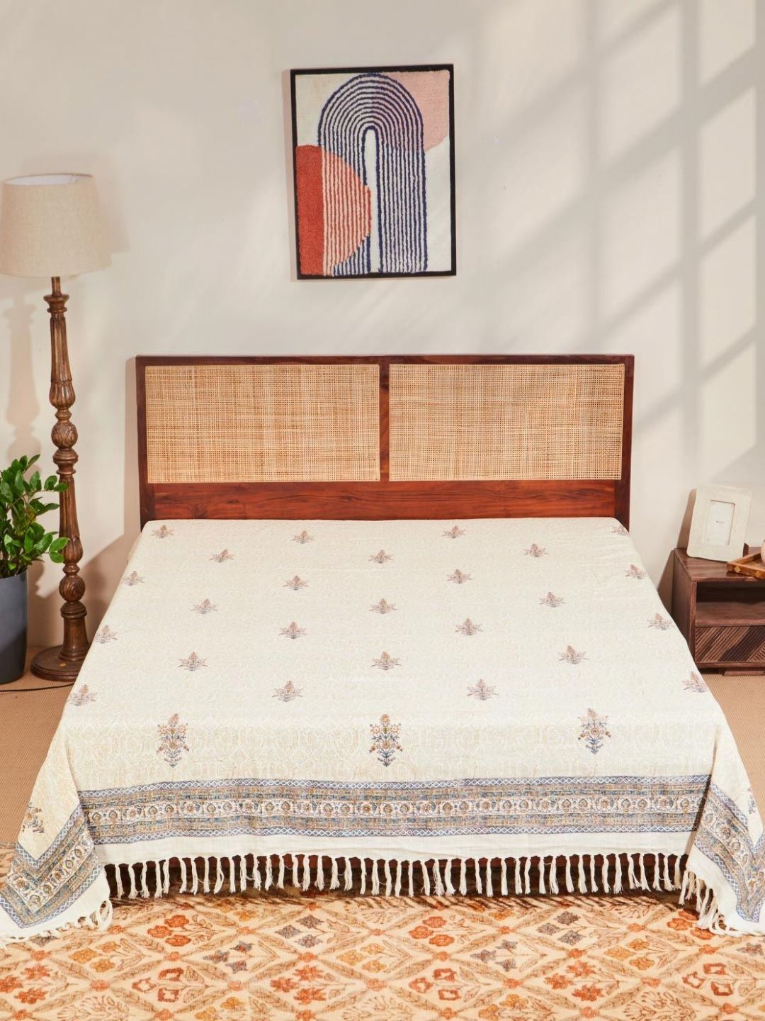 Fabindia White & Red Hand Printed Double King Cotton Bed Covers-image-20