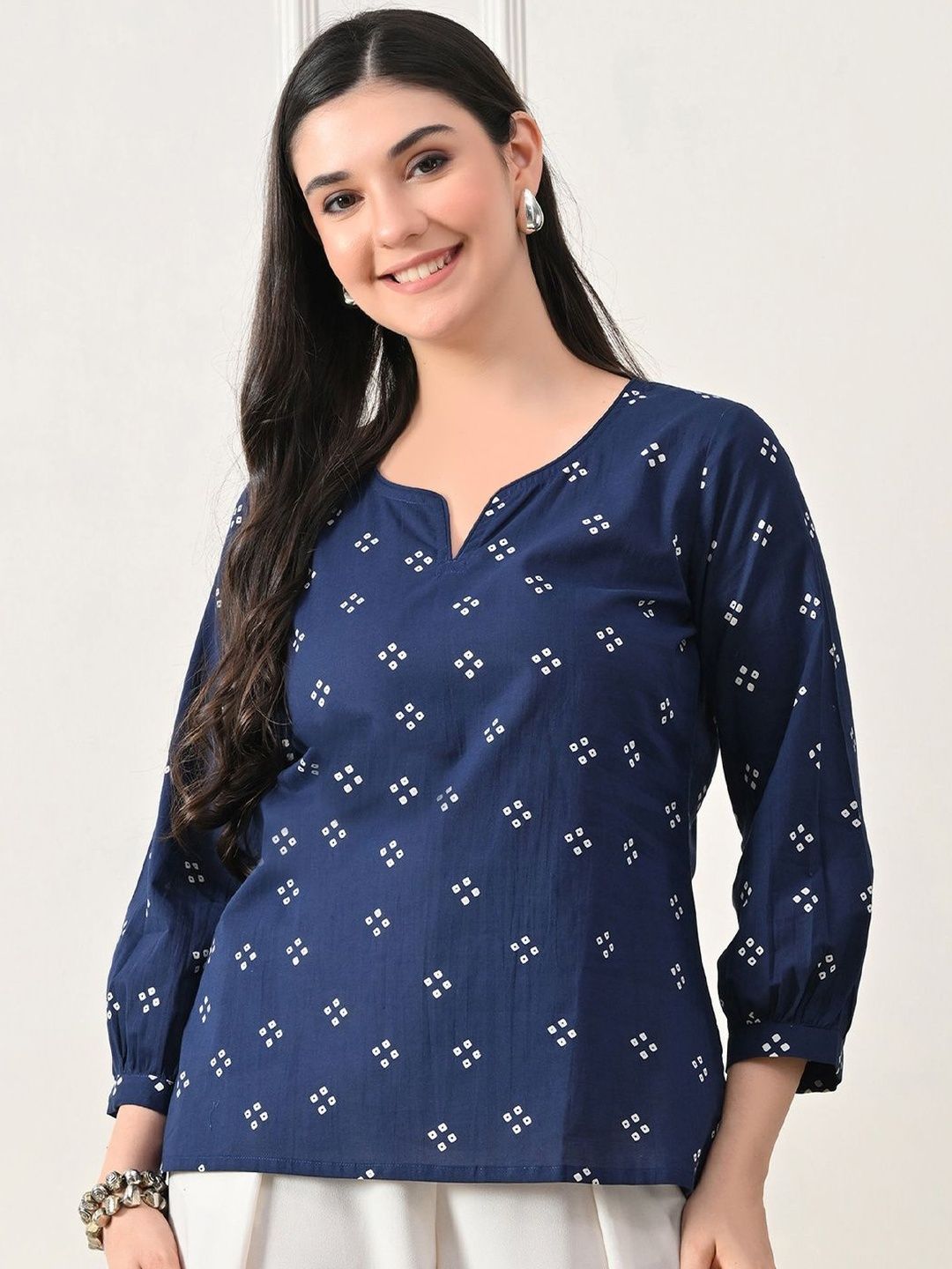 KALINI Geometric Printed Notch Neck A-Line Cotton Top-picture-24