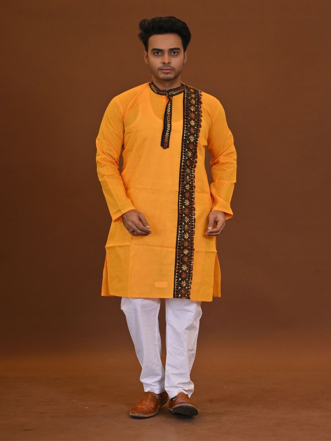 RAM SHYAM collection Men Ethnic Motifs Embroidered Mandarin Collar Kantha Work Kurta-image-12