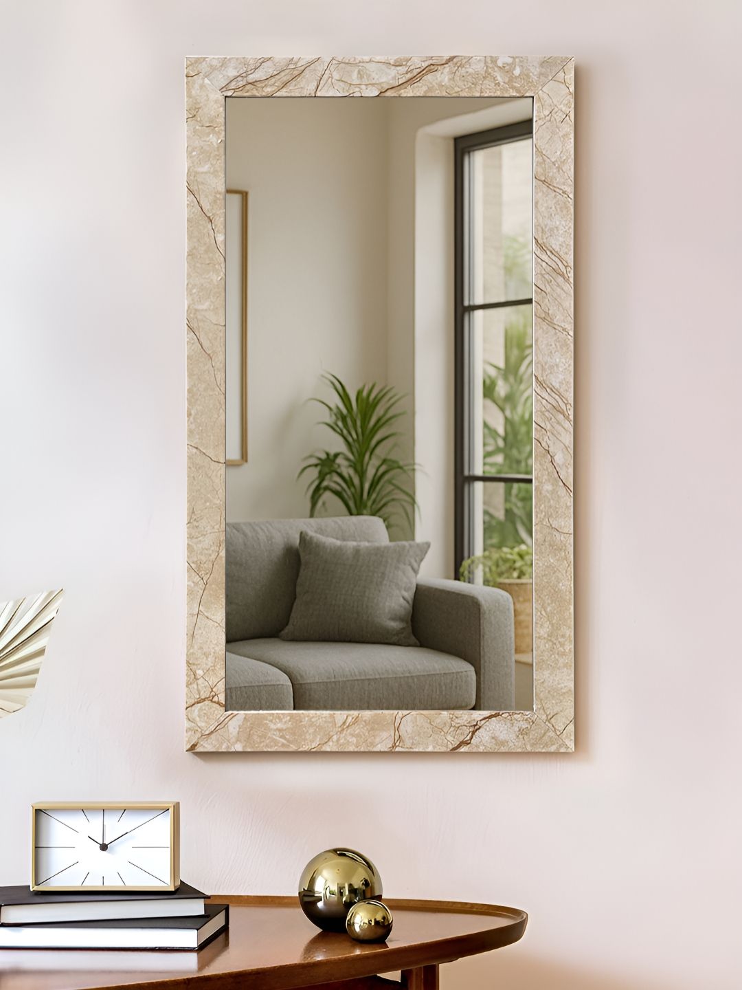 Art Street White & Beige Printed Rectangular Wall Mirror