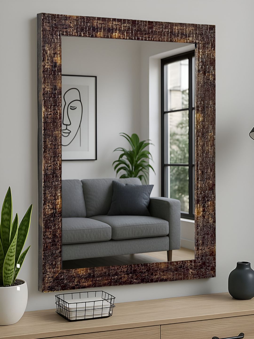 Art Street Copper Toned & Brown Textured Wall Mount Decorative Wall Mirror With Frame-image-17