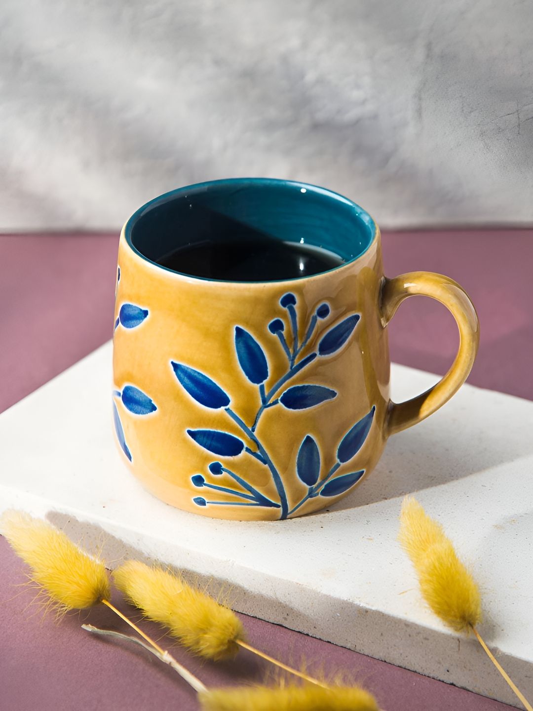 fabindia naintara yellow & blue floral printed ceramic matte mug 320ml