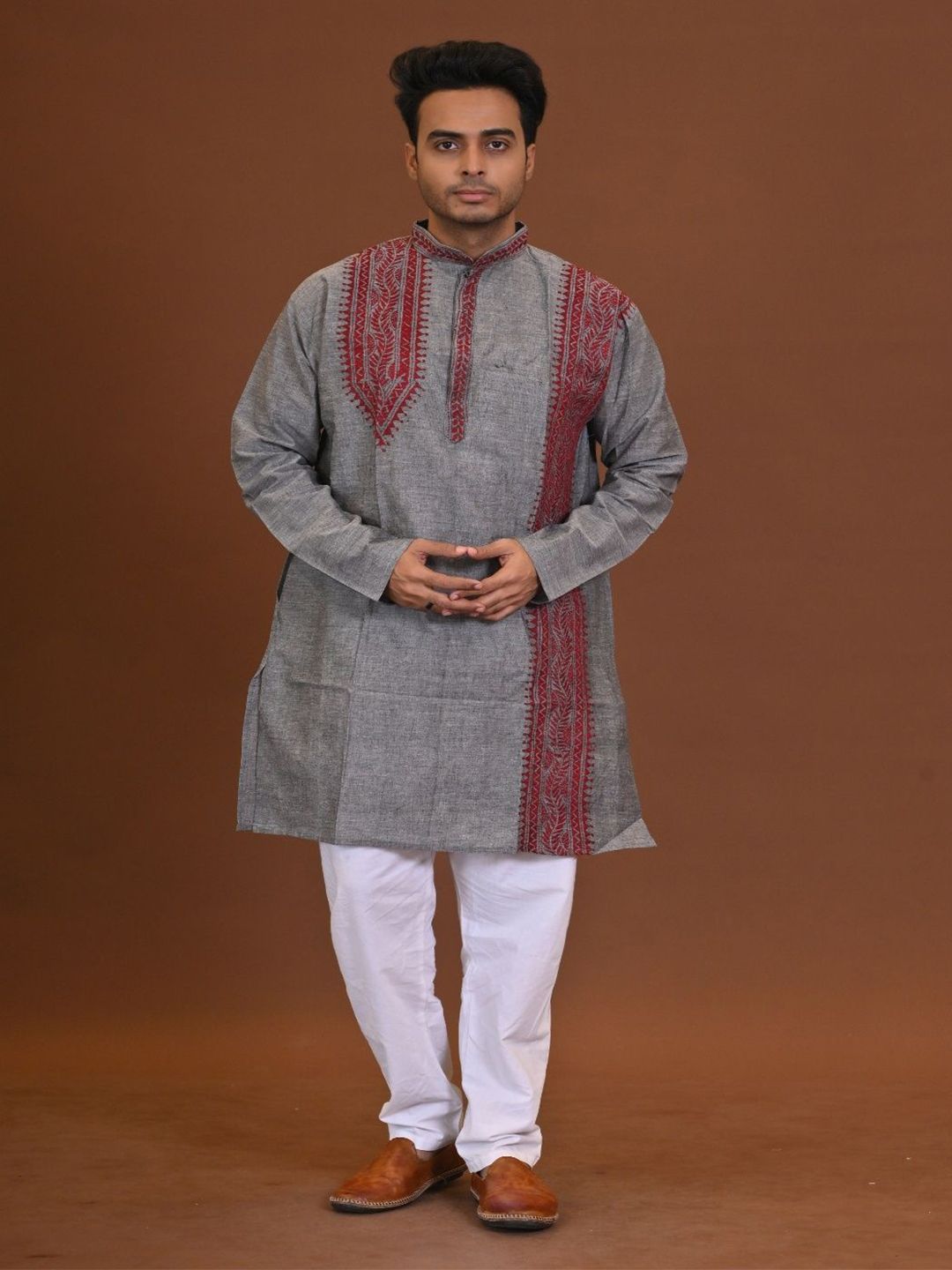 RAM SHYAM collection Men Long Sleeves Kantha Work Handloom Kurta-image-6