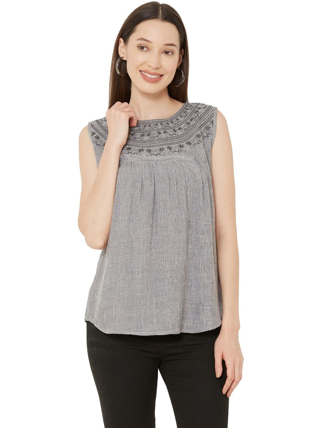 G0-4 IT Women Ethnic Motifs Embroidered Boat Neck Sleeveless Peplum Top-picture-25