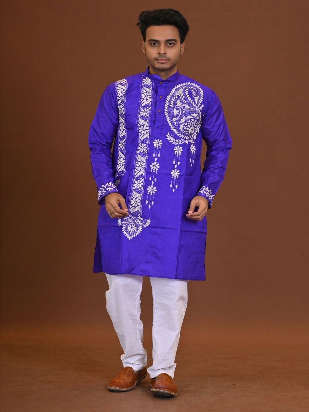 RAM SHYAM collection Men Ethnic Motifs Woven Design Festive Silk Straight Kurta-image-17