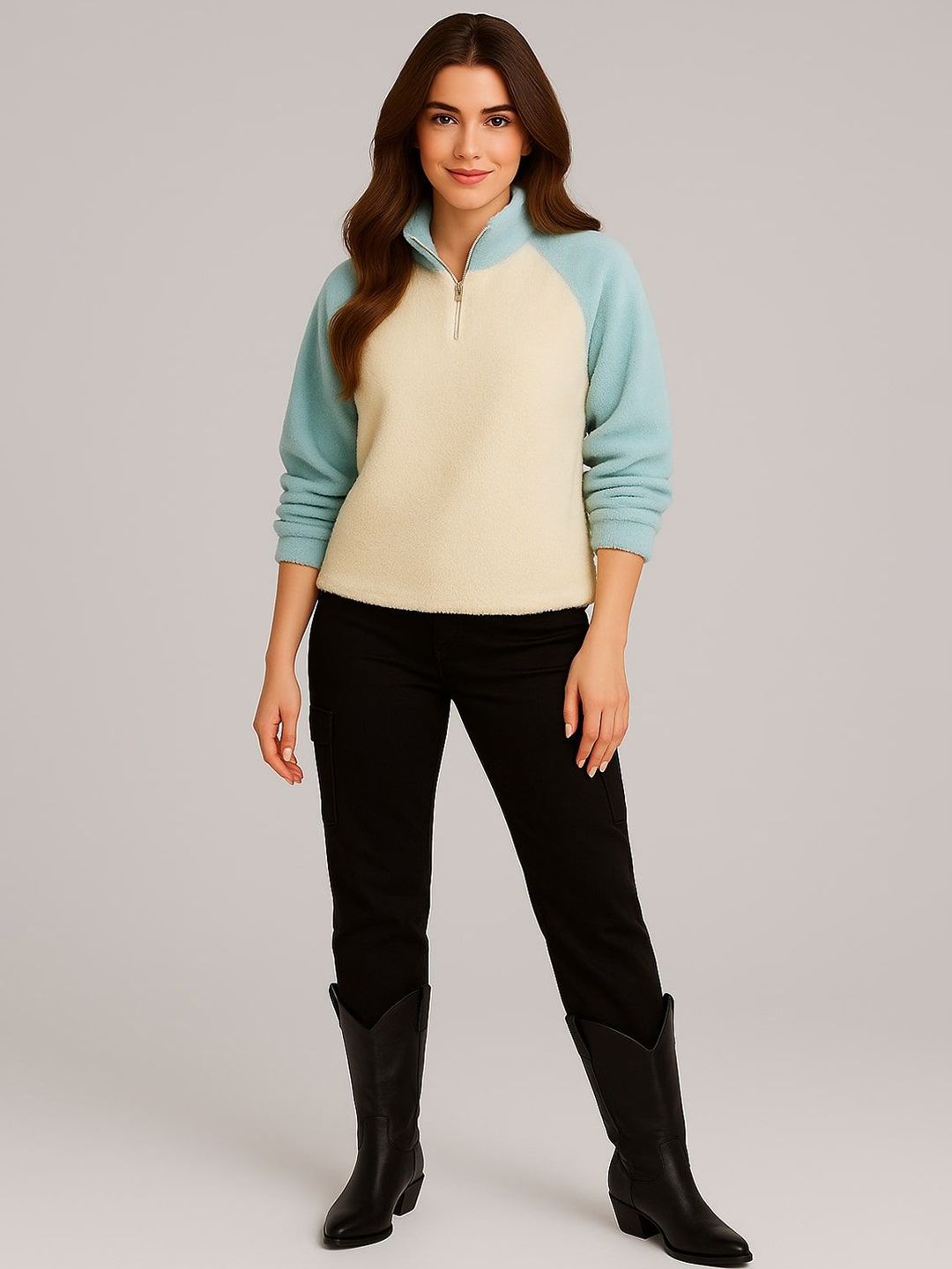 The Dry State Women Colourblocked Mock Collar Pullover Sweater-picture-47