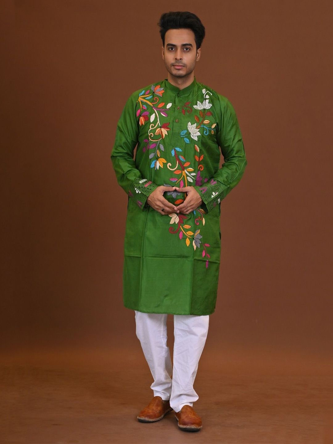 RAM SHYAM collection Men Floral Woven Design Festive Silk Straight Kurta-image-18