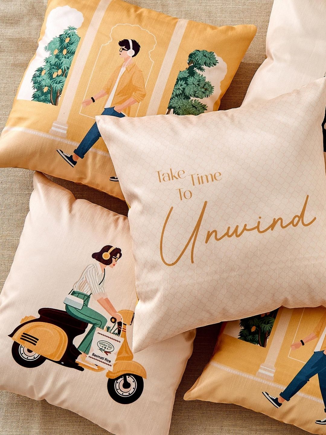 Home Centre Yellow & Green 5 Pieces Abstract Printed Square Cushion Covers-image-14