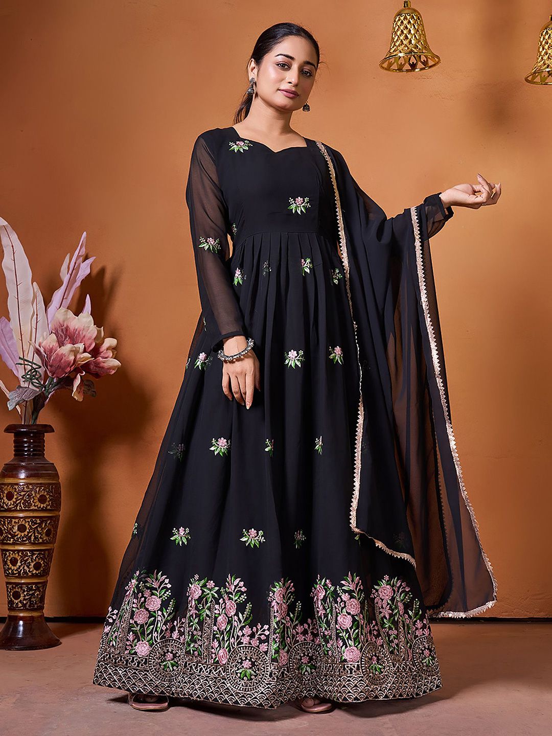 Siya Fashion Floral Embroidered Fit And Flare Georgette Maxi Ethnic Dress With Dupatta-picture-19
