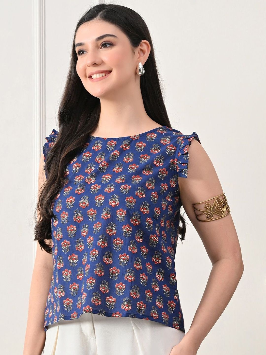 KALINI Floral Print Flutter Sleeve Cotton Top-picture-12