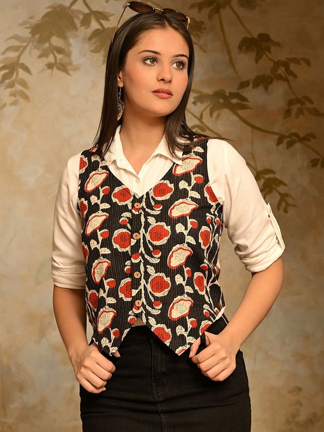 KALINI Floral Printed Shirt Collar Cotton Top-picture-34